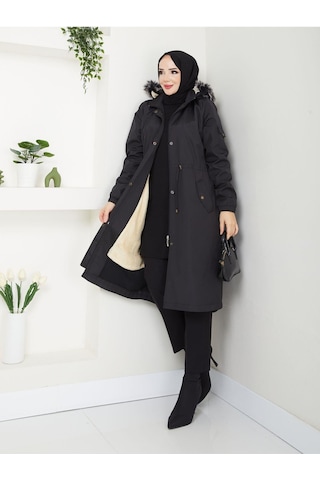 Derfa 1032 Büyük Beden İçi Kapüşonu Tüylü Beli Bağcıklı 3 Cep Kadın Kap Siyah