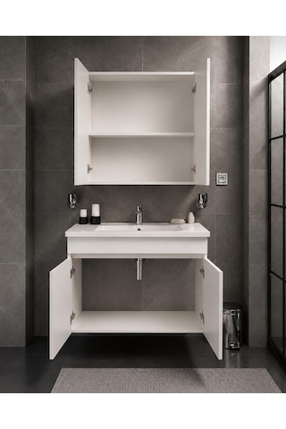 Modern 80 Cm Beyaz Mdf Hilton Aynalı Seramik Lavabolu Banyo Dolabı Takımı Alt Ve Üst Dolaplı