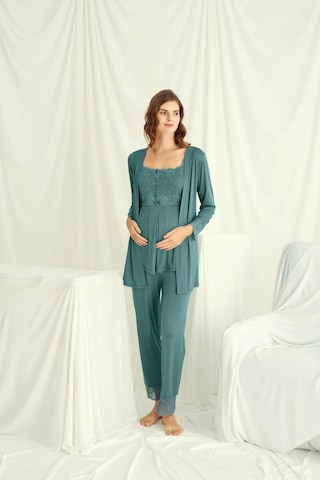 Monamise Kadın Dantelli Önü Düğmeli Hamile Lohusa 3'lü Pijama Takımı 18535-yeşil