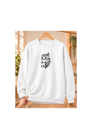 Mor Mürekkep Yarım Bozkurt Ve Dikey Göktürk Yazısı Baskılı Bisiklet Yaka Sweatshirt - Beyaz