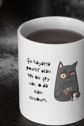 Şu Hayatta Pozitif Olan Tek Şey Kan Grubum-kedi Baskılı Eğlenceli Hediyelik Beyaz Kupa Bardak
