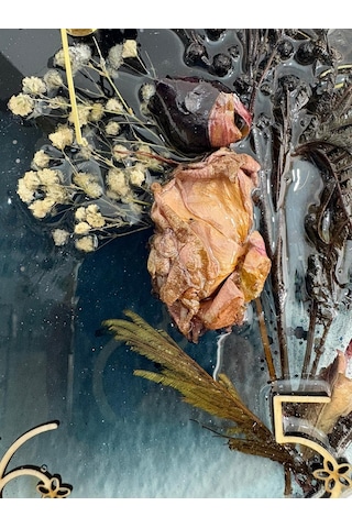 Pelince - Kuru Gül Ve Doğal Çiçekli - Siyah - Epoksi Duvar Saati Özel Tasarım - Tek Üretim - 30 Cm Siyah