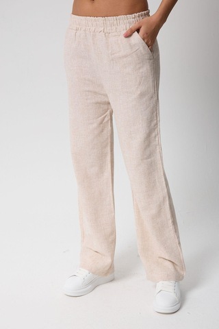 Kadın Beli Lastikli Cepli Keten Pantolon-3 Bej