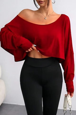 Kadın Düşük Omuz Kayık Yaka Oversize Uzun Kollu Crop T-shirt Kırmızı