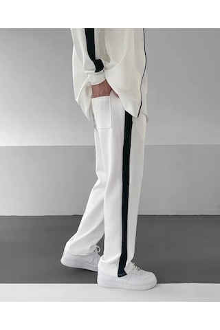 Moda Erkek Scuba Kumaş Oversize Şerit Detaylı Fermuarlı Alt Üst Eşofman Takımı - Beyaz Çok Renkli