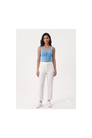 Onno Style Women Kolsuz Askılı Delikli Triko Kadın Bluz Mavi