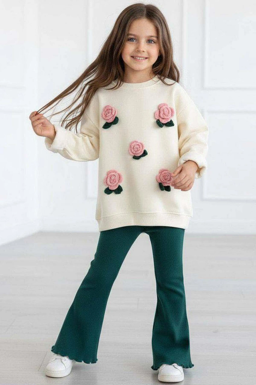 Riccotarz Kız Çocuk Üzeri Gül Figürlü 3 İplik Krem Kazak Bol Kesim Skuba Kumaş Alt Üst Takım Krem
