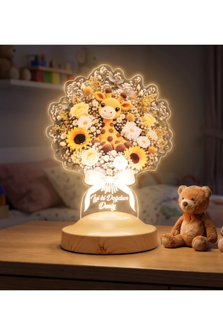Zürafalı Ayçiçeği Işıklı Çiçek Buketi Led Lamba - Kişiye Özel Çocuğa Doğum Günü Hediyesi, Bebek Ve Çocuk Odası Lambası Zürafalı Ayçiçeği Işıklı Buketi
