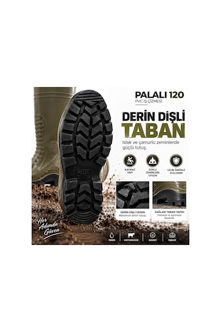 120 Haki Pvc Su Geçirmez İş Çizmesi Kaymaz Tabanlı Tarım Hayvancılık Sanayi Çizmesi Palalı 120