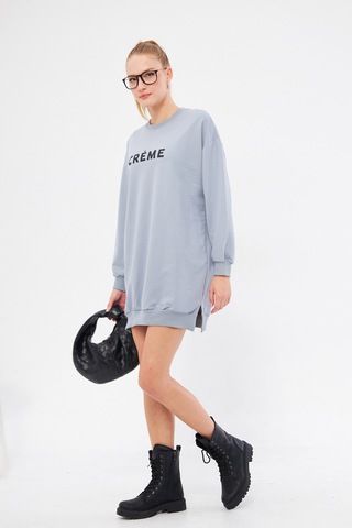 Armonika Kadın Gri Bisiklet Yaka Önü Yazılı Tunik Sweatshirt Arm-25k001029