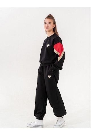 Kız Çocuk 2 İplik Kalp Aplikeli Tasarım Eşofman Takım-14216 Siyah