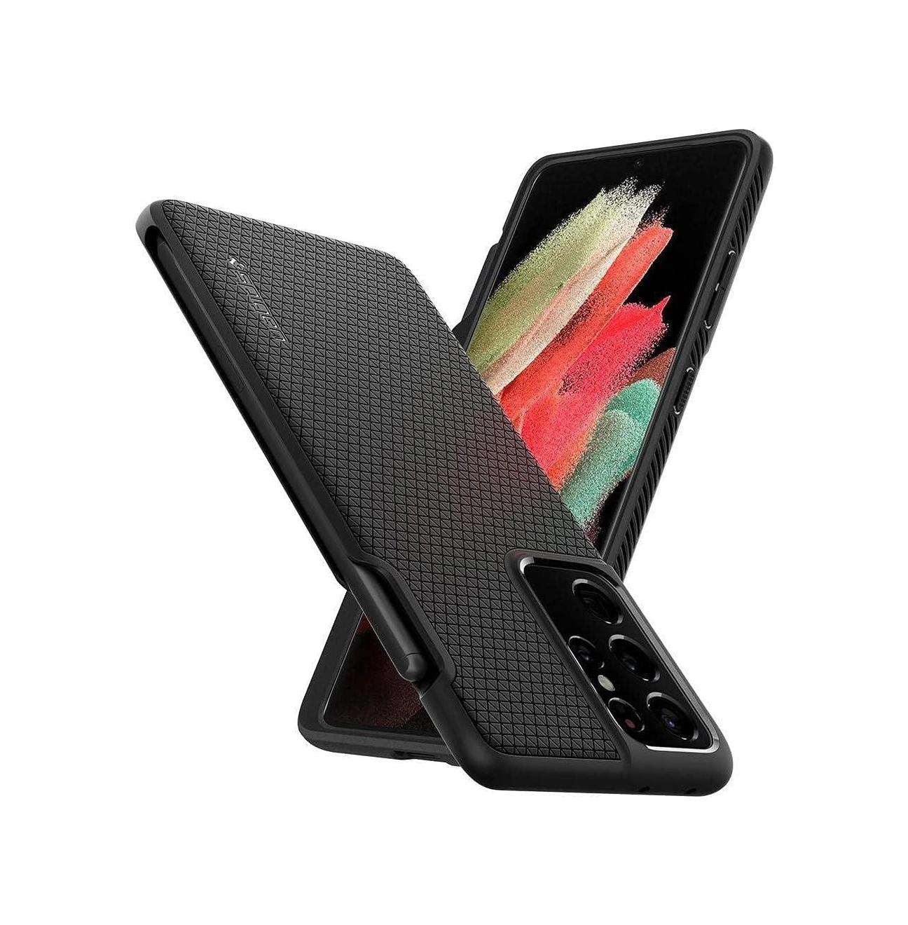 Spigen Galaxy S21 Ultra İle Uyumlu İnce Kılıf Liquid Air Hava Kanalı Teknolojisi Askeri Sınıf Koruma Dokulu Yüzey Kapak Matte Black Siyah