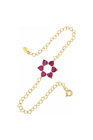 Aşkın Fısıltısı Ruby Taşlı Bileklik 925 Ayar Gümüş Kalp Zincir 20 Cm Gold