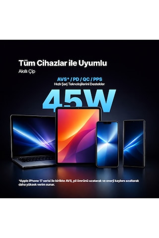Smartcharger Gan 45w Avs Pd Seyahat Hızlı Şarj Aleti