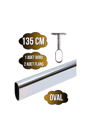 Metal Oval Krom Mobilya Dolap Askı Borusu Krom 135cm Oval 2 Adet Ayaklı Açık Flanş-1 Adet Boru Gri