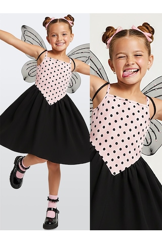 Denokids Kız Çocuk Elbise Pamuk Pembe Siyah Puantiyeli İlkbahar Yaz Sezonu 5-8 Yaş Çok Renkli