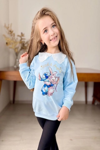 Yaka Detaylı Stitch Desenli Mavi Renk Kız Çocuk Takım Mavi