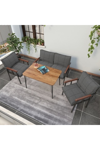 Mygusi Modern Balkon, Bahçe, Cafe - Metal Kanepe Koltuk Takımı - 2+1+1 Masa Koyugri Koyu Gri