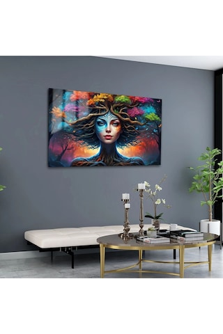 Doğa Tanrıçası Cam Tablo Renkli Ağaç Kadın Temalı Dijital Sanat