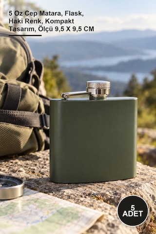 5 Adet Matara 5 Oz Cep Matara, Flask, Haki Renk, Kompakt Tasarım, Ölçü 9,5 X 9,5 Cm