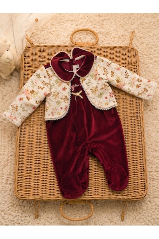 Babyhola Kadife Patikli Kız Bebek Tulum 0-12 Ay Retro Ceketli Görünümlü Hediyelik Nostaljik Bayramlık 13433 Bordo