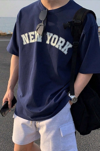 Erkek New York Baskılı Oversize Tshirt Lacivert