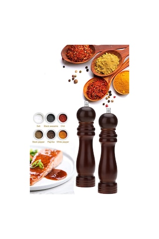 Technojet 2li Karabiber Tuz Kahve Baharat Öğütücü Ahşap Manuel El Değirmeni Tuzluk 2 Adet Kahverengi