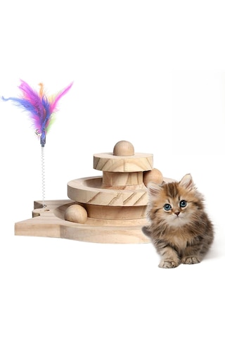Hpytech Ahşap Kedi Oyuncağı Toplu Zeka Oyuncağı & Tüylü Olta Seti