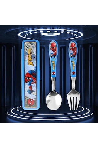 Fastbuy 3'lü Paslanmaz Çelik Örümcek Adam Kaşık Çatal Seti, Ahşap Kutulu, Taşınabilir Yeniden Kullanılabilir Sofra Takımı Ahşap