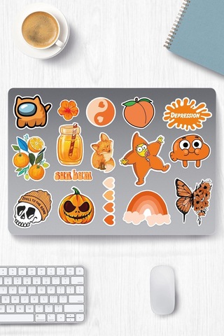 Orange Aesthetic Temalı Sticker Etiket Seti 1 - Turuncu Sticker - Laptop Notebook Telefon Diğer