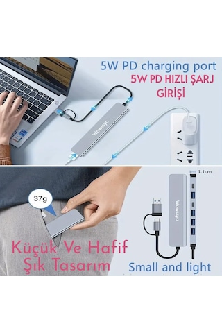 Wowssyo 7'nin 2'si Usb 3.0/usb 2.0/type-c/ Çoğaltıcı Hub Çoklayıcı Ce Sertifikalı Lisanslı 7 Port Hızlı Sağlam Metal