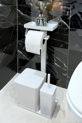 3'ü 1 Arada Banyo Seti Tuvalet Kağıtlık, Çöp Kovası Ve Tuvalet Fırça Takımı Beyaz
