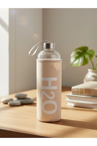 H2o Sağlıklı Cam Matara 1000 Ml Su Şişesi, Pastel Renk Kılıflı 1 Lt Sporcu Suluğu Bej