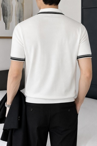 Tarz Cool Erkek Fermuar Yaka Triko Polo Tişört Slim Fit Pamuklu Yazlık Triko Beyaz