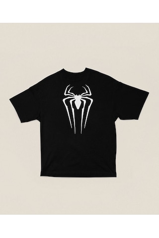 Spider-man Logo Baskılı Unisex Tişört, Oversize Marvel Örümcek Ad Siyah