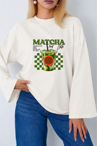 Medinenur Kadın Matcha Baskılı Oversize Geniş Kollu Body Ekru