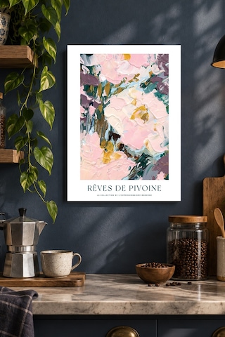 Pembe Soyut Çiçekler Desenli Dekoratif Mdf Tablo, Çerçeve Görünümlü Ahşap Poster