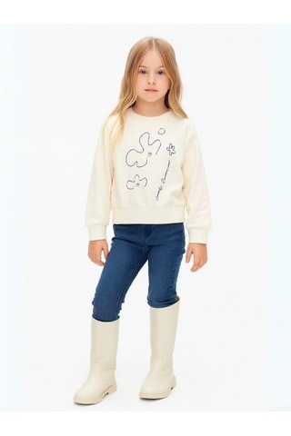 Kız Çocuk Çiçek Desenli Sweatshirt-16138 KREM