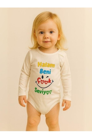 Zekids Bebek Halam Beni Çok Seviyor Yazılı Pamuklu Uzun Kol Çıtçıtlı Body-16094 Ekru