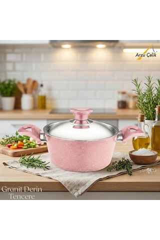 20 Cm Granit Derin Tencere Çelik Kapak - Pembe Pembe