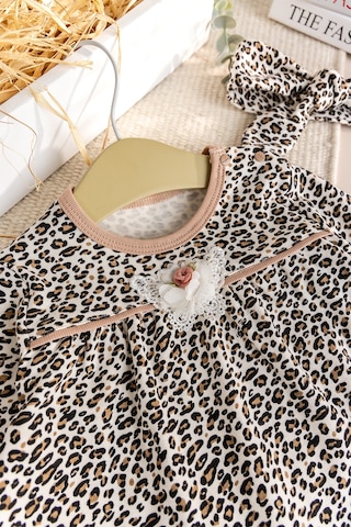 Babymod Leopar Desenli Bandanalı 3'lü Kız Bebek Takım Kahverengi