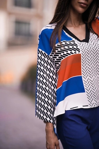Kadın Geometrik Desenli Blok Renkli Bluz Frn1103 Mavi