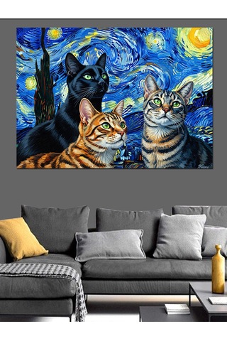 Yıldızlı Gecede İki Dost Kedi Dekoratif Kanvas - Mdf Ahşap Tablo