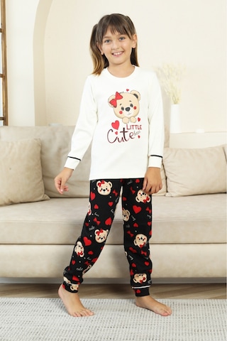 Kız Çocuk Ayıcık Baskılı %100 Pamuk İnterlok Kumaş Pijama Takımı 12347 Ekru