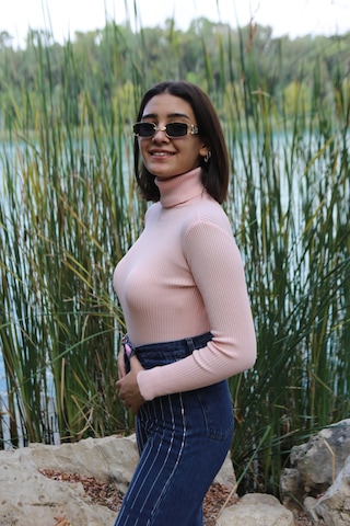 İpli Pudra Renk Balıkçı Yaka Kadın Kazak Pudra