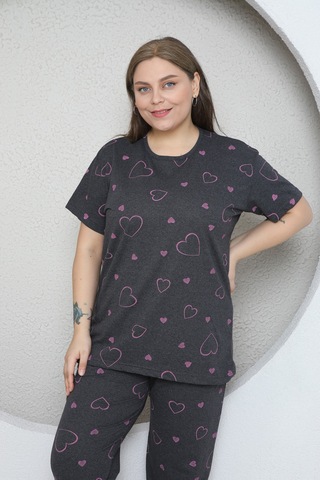 Fames Pijama Büyük Beden Pembe Kalp Desenli Pijama Takim Koyu Füme
