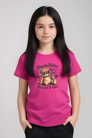 Fyk Kids Kız Çocuk Yuvarlak Yaka Baskılı Bearly Chillin Alt-üst Pijama Takımı Fuşya