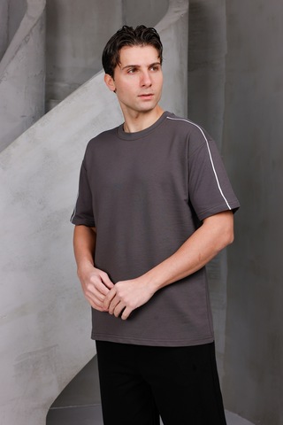 Erkek Şeritli Oversize Bisiklet Yaka 2 İki İplik Kompakt T-shirt Kahverengi