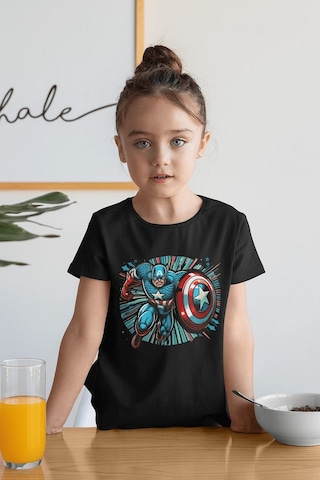 Sevbano Kaptan Amerika Baskılı Unisex Film Kahramanı Çocuk Tişört 1-12 Y Siyah