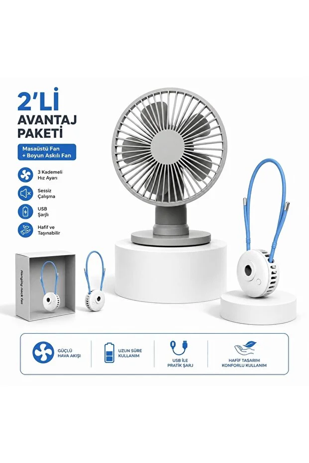Vh Fan Masaüstü Taşınabilir Şarjlı Fan Vantilatör + Boyun Fanı